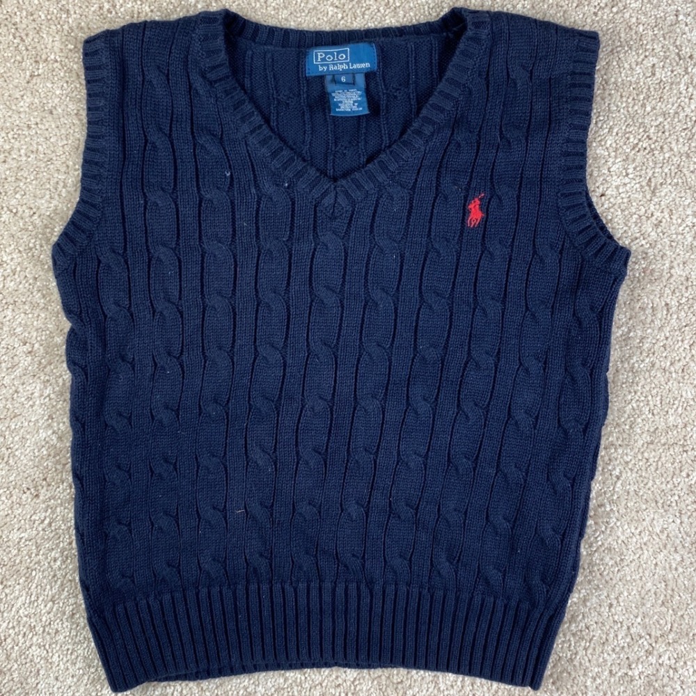 Polo Ralph Lauren Navy Blue Cable Knit Cotton V-Neck Sweater Vest Size 6